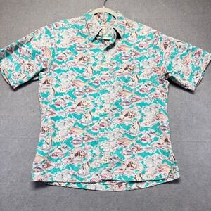 Kahala by HRH Hawaii Men Teal Tropical Fish Print Aloha Shirt Short Sleeve Small